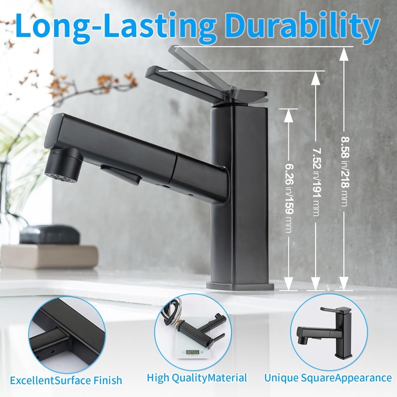 HANLIAN Single Hole Pull Out Faucet for Bathroom Sink, Black