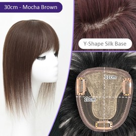 QIANCHUN Nature Straight Human Hair Topper Y-Shape 10x11cm Silk Base Clip in Head Top Hairpiece With Wispy Bangs Middle Part Wiglet for Women (30cm Mocha Brown)