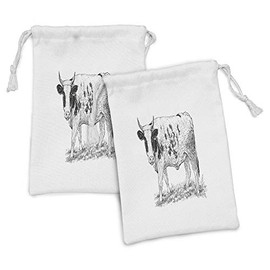 Lunarable Cow Fabric Pouch Set of 2, Monochrome Hand Drawn Sketchy Design of Spotted Domestic Farm Animal Print, Small Drawstring Bag for Toiletries Masks and Favors, 9" x 6", Charcoal Grey and White