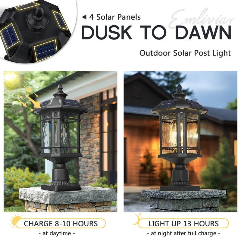 Emliviar 20.5" Solar Post Light Outdoor, Large Black Solar Column