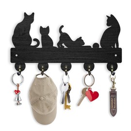 ORIGACH Cat Wooden Key Holder for Wall Wood Black Key Rack with 5 Metal Hooks Wall Mounted Mountains Key Hooks for Front Door Kitchen Entryway Hallway - 30x16 cm