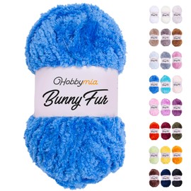HobbyMia Bunny Fur Fluffy Yarn for Knitting & Crochet - 100gr / 109yds - 100% Micropolyester - Faux Yarn (5) Bulky Weight, Chunky Yarn for Hand Knitting (Blue, 1 Skein)