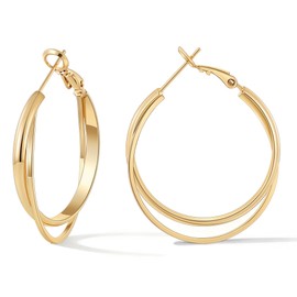 Gacimy 14K Gold Plated Criss Cross Hoop Earrings for Women, 3mm Wide Double Layer Flat Crossover Hoops, 30mm Lightweight Statement Earrings