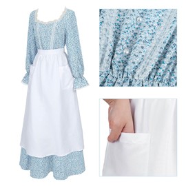 CR ROLECOS Womens Pioneer Dress Floral Prairie Dresses Lace Pilgrim Colonial Costume Bonnet Apron 3 Pieces Set L