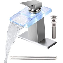 LED Bathroom Sink Faucet, Chrome Waterfall Single Handle Vanity Faucets for Sinks 1 or 3 Holes with Metal Pop Up Drain and 2 Water Supply Lines, Open Glass Spout by Bath Famoli (Brushed Nickel)