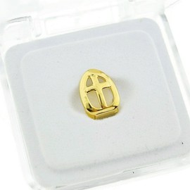 Open Face Cross 14k Gold Plated Grillz Single Cap Top Upper Canine Tooth Hip Hop Grills