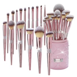 Bueart Professional Makeup Brush Set, 16 Pieces Rose Gold with Rhinestone Handles, Pink Storage Holder