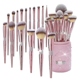 Bueart Professional Makeup Brush Set, 16 Pieces Rose Gold with Rhinestone Handles, Pink Storage Holder