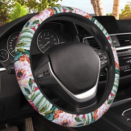Watercolor Cactus Car Steering Wheel Cover, Flowers Roses Non-Slip Absorbing Sweat Car Wheel Cover Accessories for Men Women,Universal 15" Fit Auto SUV Vans Trucks