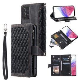 Wallet Case for Samsung Galaxy A53 5G,Luxury Quilted PU Leather Wallet Case with Card Slots for Women,Magnetic Zipper Purse Case with Wrist Strap Kickstand Shockproof Flip Cover-Black