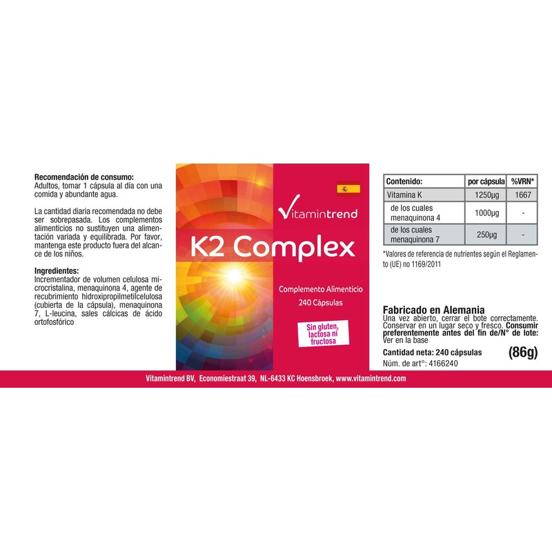 Vitamintrend Vitamin K2 Complex 1250 μg, 240 Capsules, Swallow-friendly, High