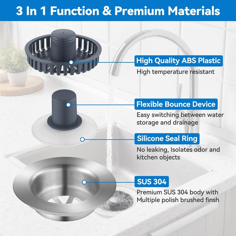 Fozite Upgraded 3-in-1 Kitchen Sink Drain Strainer, Stainless Steel Pop