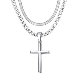 925 Sterling Silver Cross Necklace Men - Layered Cross Pendant Necklaces Waterproof Stainless Steel Cuban Link Herringbone Chain Silver Necklace Stack Jewelry with Gift Box 20&22 Inches