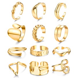 FIBO STEEL 12PCS Gold Chunky Rings for Women, 18K Gold Plated Thick Rings, Stacking Open Rings Set Adjustable Gold