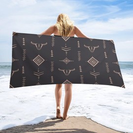 LOMADIA Aztec Beach Towel, Western Tribal Bull Skull Horns Ethnic Aztec Cow Pattern Pool Camping Swim Towels 31x63 Inch for Travel Swim Pool Yoga Cruise Camping Gear