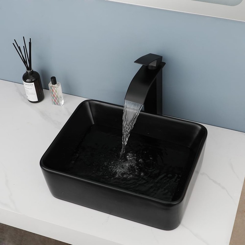 KECTIAKL Bathroom Vessel Sink 16 Inch Black Ceramic Sink Bowl,Above
