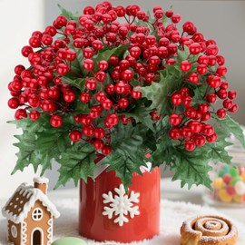 ICEROYCE 4 Bundles Fake Christmas Holly Berry Stems with Leaves, Faux Berry Picks for Pine Garland and Holiday Home Decor, Christmas Flowers Artificial for Decorations