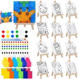 Tenceur 48 Pcs Kids Paint Party Favors Sets with 12 Pcs Pre Drawn Canvas Panel and Wooden Easel Set Paint Pots and Brushes, 12 Pcs Mini Apron and Tote Bag for Kids Student (Stylish)