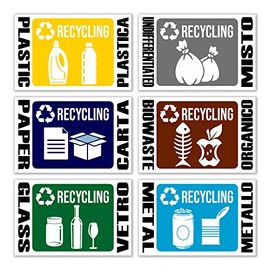 GamesMonkey® - Stickers Separate Collection Small Recycling Waste Rubbish v1 - Waterproof Washable Illustrated Funny Children - Italian English - Compliant with UNI 11686 (8,5 x 5,5 cm, 6 Pieces)