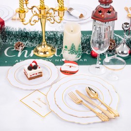 Liacere 350PCS Gold Plastic Plates-Disposable White and Gold Plates 50guest Baroque Plastic Dinnerware include 100Plates, 50Pack Pre Rolled Napkins with Silverware 50Cups for Wedding&Christmas