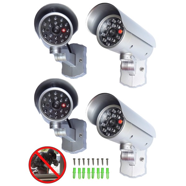 4x Dummy Camera, Surveillance Camera with Flashing LED, Motion Sensor