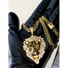 Mens 14k Gold Finish 8mm Miami Cuban Link Chain Stone Lock Stainless Steel Choker Iced Out Lion Head Rappers Necklace Iced Cuban Chain for Men, Cuban Necklace (20"22"24"Chain & Pendant) (20)