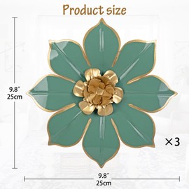 Arborus 3 Pieces Metal Flowers Decorative Wall 25 x 25 cm Wall Sculptures 3D Metal Pictures Wall Decoration Set Green Wall Ornament Hanging Wall Art for Living Room Bedroom Dining Room Kitchen Office Hallway