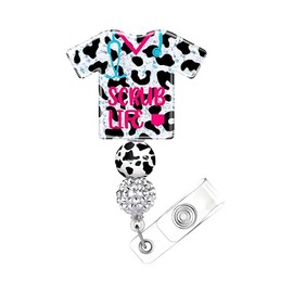 Retractable Badge Holder with Scrub Life Design, Cow Print, 360° Swivel Alligator Clip, ID Card Reel