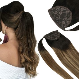 VeSunny Ponytail Hair Extensions Ombre Black to Brown Wrap Around Ponytail Hair Piece Natural Black Roots to Dark Brown Mix Caramel Blonde Pony Tail Balayage Hair Extensions 16inch 80g