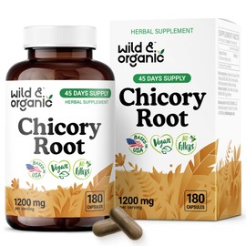 Wild & Organic Chicory Root Fiber Capsules - 1200 mg of Chicory Root Powder per Serving - Digestive & Gut Support - Inulin Prebiotic Fiber Supplement - Non-GMO, Vegan Inulin Capsules - 180 Count