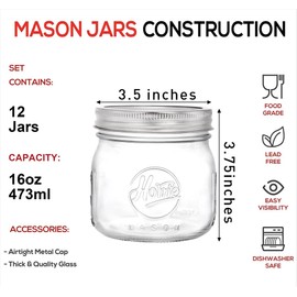 Tebery 12 Pack Wide Mouth Home Glass Mason Jars with Airtight Lids and Bands, 16Oz Canning Glass Jars for Canning, Fermenting, Pickling, Decor