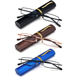 REAVEE 3 Pack Slim Pen Reading Glasses Small Tube Stylish Readers for Men Women Spring Hinged with Portable Clip Case, Black Brown Blue 3.0