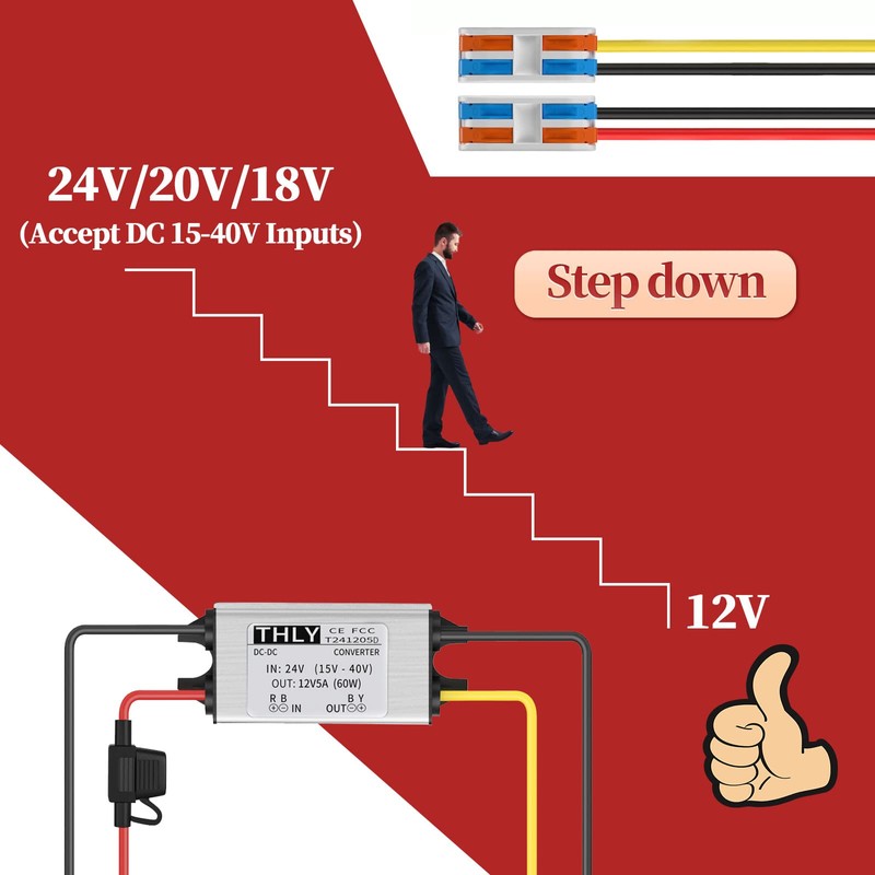 24V to 12V Converter with Wire Terminal Block, More Safe
