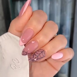 Short Almond Press On Nails, Coffin Shape Full Cover Reusable Spider Web Design False Nails with Glue, Stick On Nails for Women Pink Nails Tips Artificial Fingernails Acrylic Fake Nails, Glue On Nails