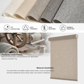 Tonature Light Filtering Roller Shades Cordless Blinds with Natural Linen Fabric,Roller Blinds for Indoor Windows,Custom Blinds & Shades for Home,Bedroom,34" W X 56" H,Khaki(Light Filtering)