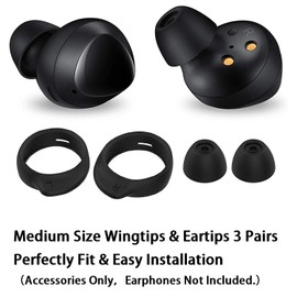 JNSA 12 PCS Medium Size Wingtips and Ear Tips Compatible with Galaxy Buds Plus/Compatible with Galaxy Buds,3 Pairs Silicone Cover Eartips and 3 Pairs Wing tips Earhooks,Medium Size,Black BWTM3PB