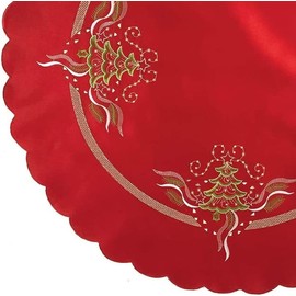 Round Christmas Tablecloth | Christmas Decor | Round Red Tablecloth with Green and Gold Christmas Tree Embroidery | Easy Care Polyester | 85 cm (34 inch) Diameter (14106)