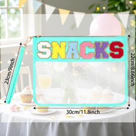 Hmxpls Snack Bag for Travel, Chenille Letter Bag, Nylon Clear Cosmetic Makeup Bag with Zipper, Preppy Patch Travel Pouch for Women Girls Gift (Green-Snacks)