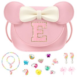 Klorify Little Girl Purse Gifts with Unicorn Costume Jewelry, 18PCS Birthday Gift Toys for Girls Kids Toddler, Initial Purses, Necklace, Bracelet, Adjustable Rings, Clip On Earrings, Hair Clips (E)