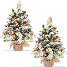 2 Pack 20 Inch Thick Snow Flocked Tabletop Christmas Tree Decor, Small Christmas Tree with 35 Warm Lights Timer Battery Operated Red Berries Pine Cone Burlap Base Christmas Decorations Indoor Home