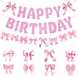 ZYEKIU Birthday Decoration with Pink Bow, Birthday Decoration Girl Banner, Decoration Birthday for Birthday Girl, Party Decoration with Pink Bow, Decorations for Birthdays Theme Parties