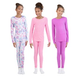Arctic Layerz Girls Thermal Underwear Set for Kids and Toddlers 3 Pack Base Layer Long Johns sets 6 Piece Multipack with Long Sleeve Tops and Leggings (Purple, 7-8)