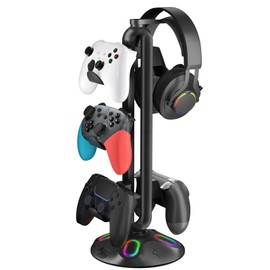 Gaming RGB Headphone Stand, AnnuoYi Controller Holder with 9 Light Modes - Headset Stand with 2 USB Charging Ports and 3.5mm & Type-C - Controller Stand Hanger Accessories for Desk and Gamer