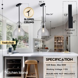 FookChak 10" Seeded Glass Pendant Lights Kitchen Island Black Pendant Ceiling Light with Hand-Blown Clear Glass Over Dining Table Kitchen Sink Entryway Hallway, E26