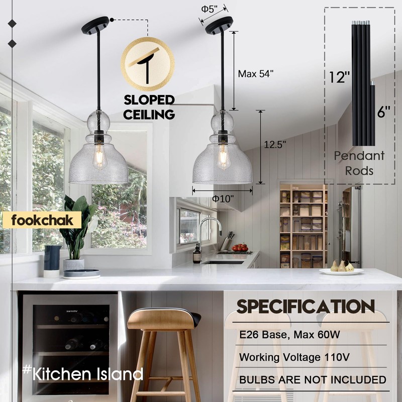 FookChak 10" Seeded Glass Pendant Lights Kitchen Island Black Pendant