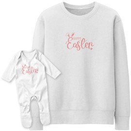Purple Print House Happy Easter Matching Sweatshirt and Baby Romper Suit Spring Bunnies Mummy Daughter Son Twinnning Set, 3-6 Months, White