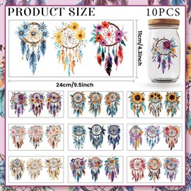 GOMAKERER 10 Blatt UV DTF Cup Wrap Transferaufkleber Für 16OZ Glasbecher 10 Stile Traumfänger Druck Rub On Transferfolien Federn Wasserfest Zum Aufbügeln Transferaufkleber Für Tassen Bastelarbeiten