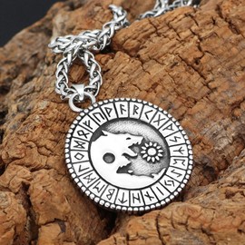 MayiaHey Rune Wolf Amulet Pendant,Norse Viking Wolf Sun Moon Necklace for Men, Celtic Odin Fenrir Wolf Animal Necklace Stainless Steel Wolf Head Circle Runes Pendant Necklace for Boys