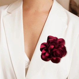 Dainty Satin Fabric Flower Brooches for Women Large Rose Floral Brooch for Party Dance Wedding Banquet Elegant Camellia Fashion Brooch Pin for Women Girl 5.5inch (Dark Red)
