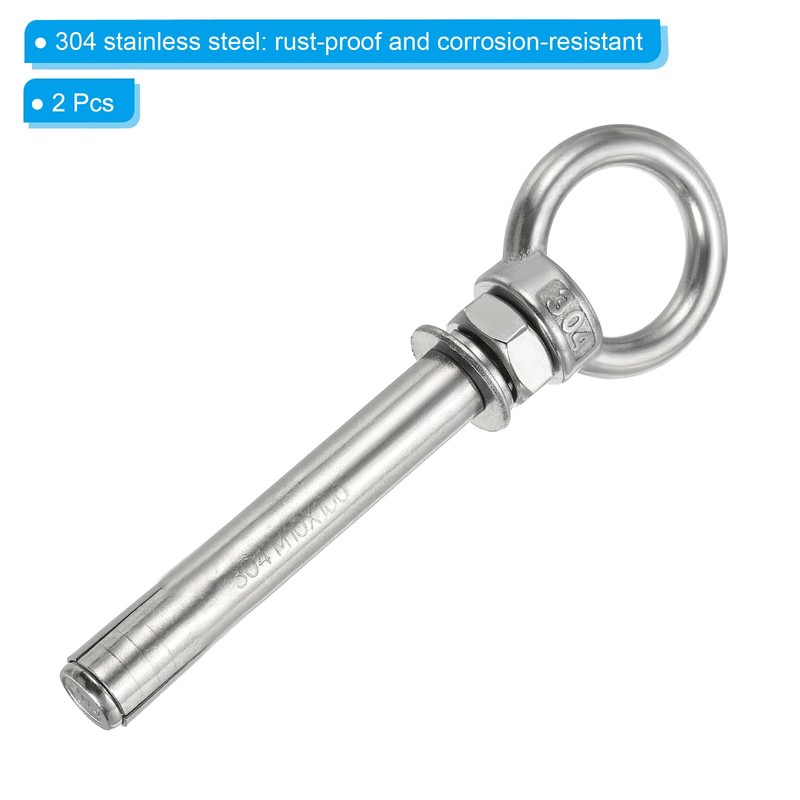 PATIKIL M10x100mm Extended Eye Bolts Pack of 2 304 Stainless